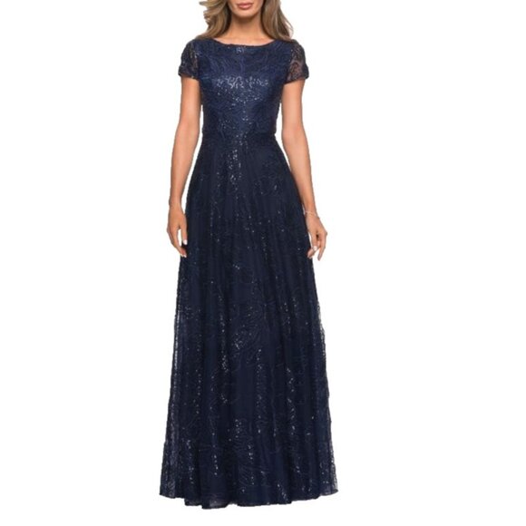 La Femme 27837 Gown Maxi Dress 10 Navy Blue Sequin Lace A-Line Gala NEW $498 - Picture 1 of 10